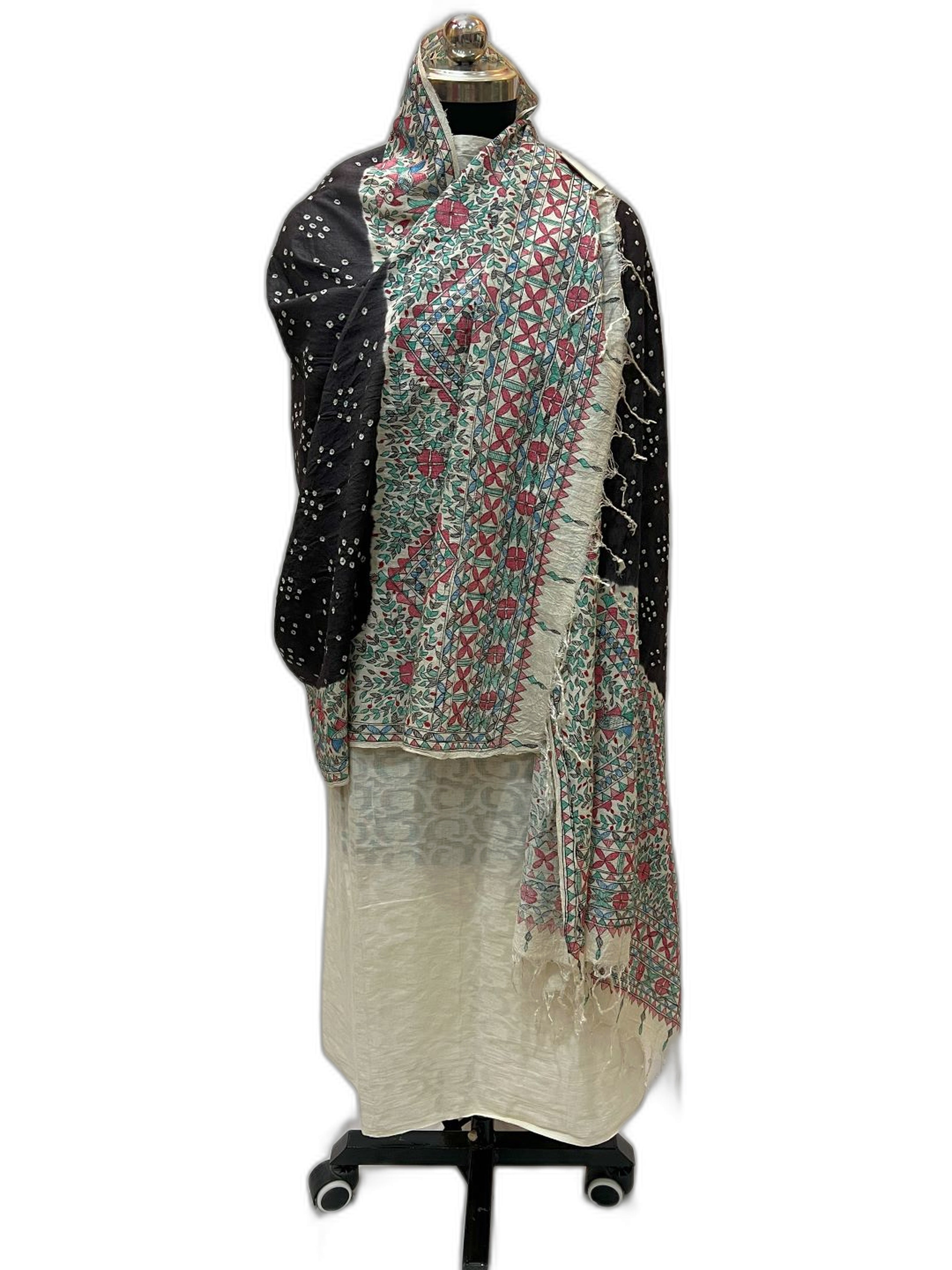Hand-Painted Madhubani Bandhani Dupatta in Black
